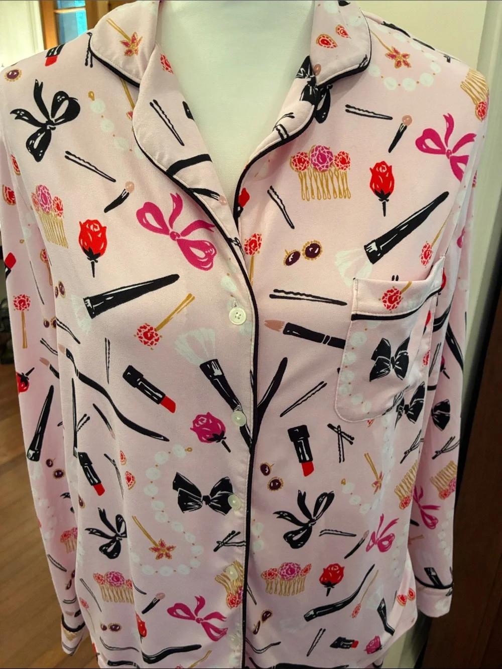 kate spade Pink Beauty-Print Long Sleeve Pajama Set Hair and Makeup 💄